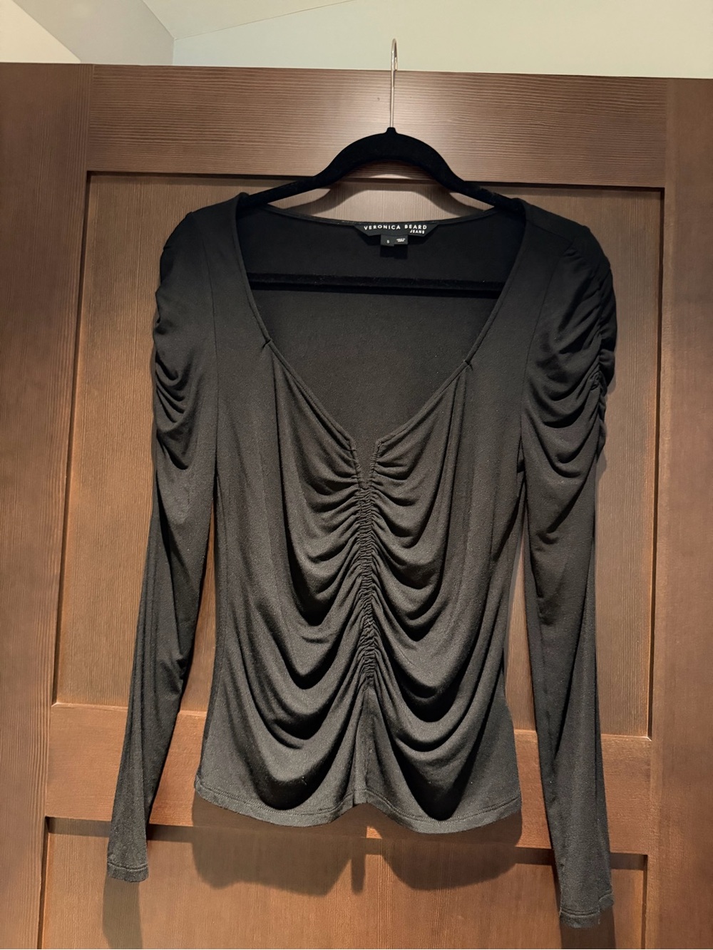 Veronica Beard Black Ruched V-Neck Long Sleeve Top - worn once!